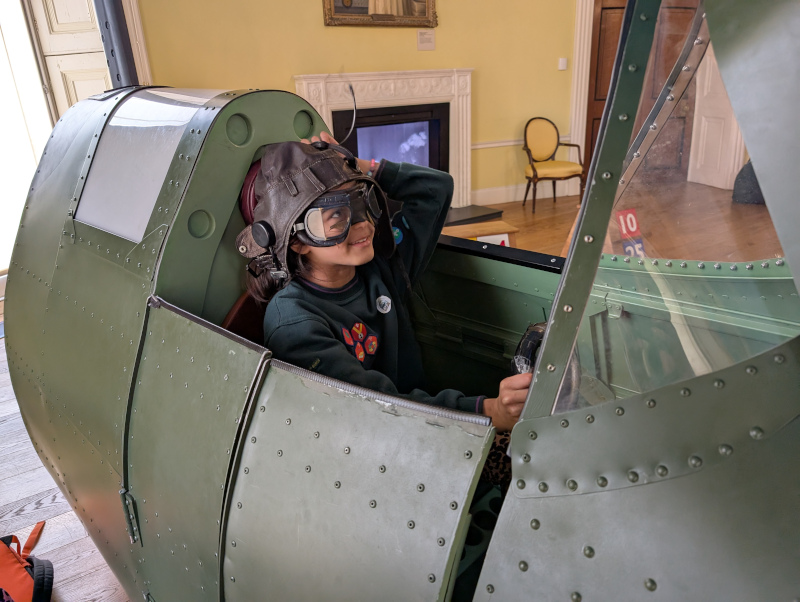 A cub ‘flying’ a fighter plane