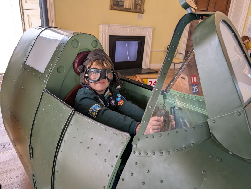 Another cub ‘flying’ a fighter plane